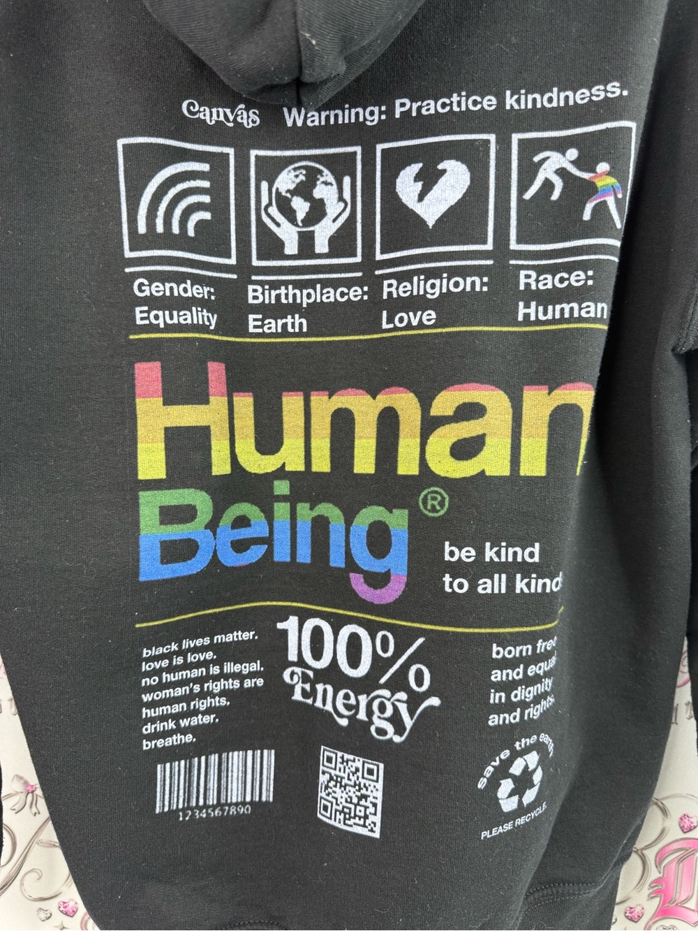 Gildan Black Hoodie with White "Be Kind To All Kinds" Text human rainbow - Picture 5 of 8